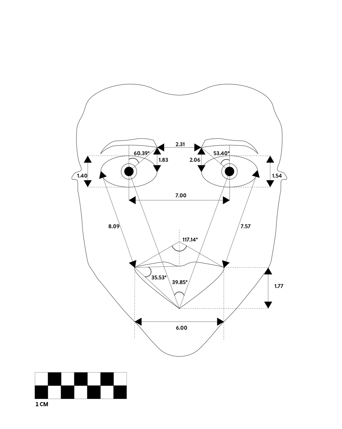 Averaged facial measurement chart for Fear - a line diagram of distances and angles with a one-centimetre scale.