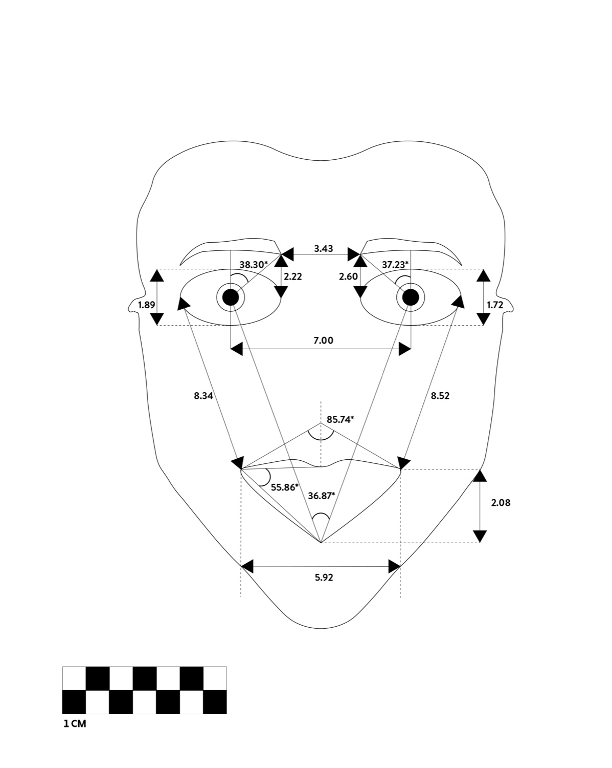 Averaged facial measurement chart for Surprise - a line diagram of distances and angles with a one-centimetre scale.