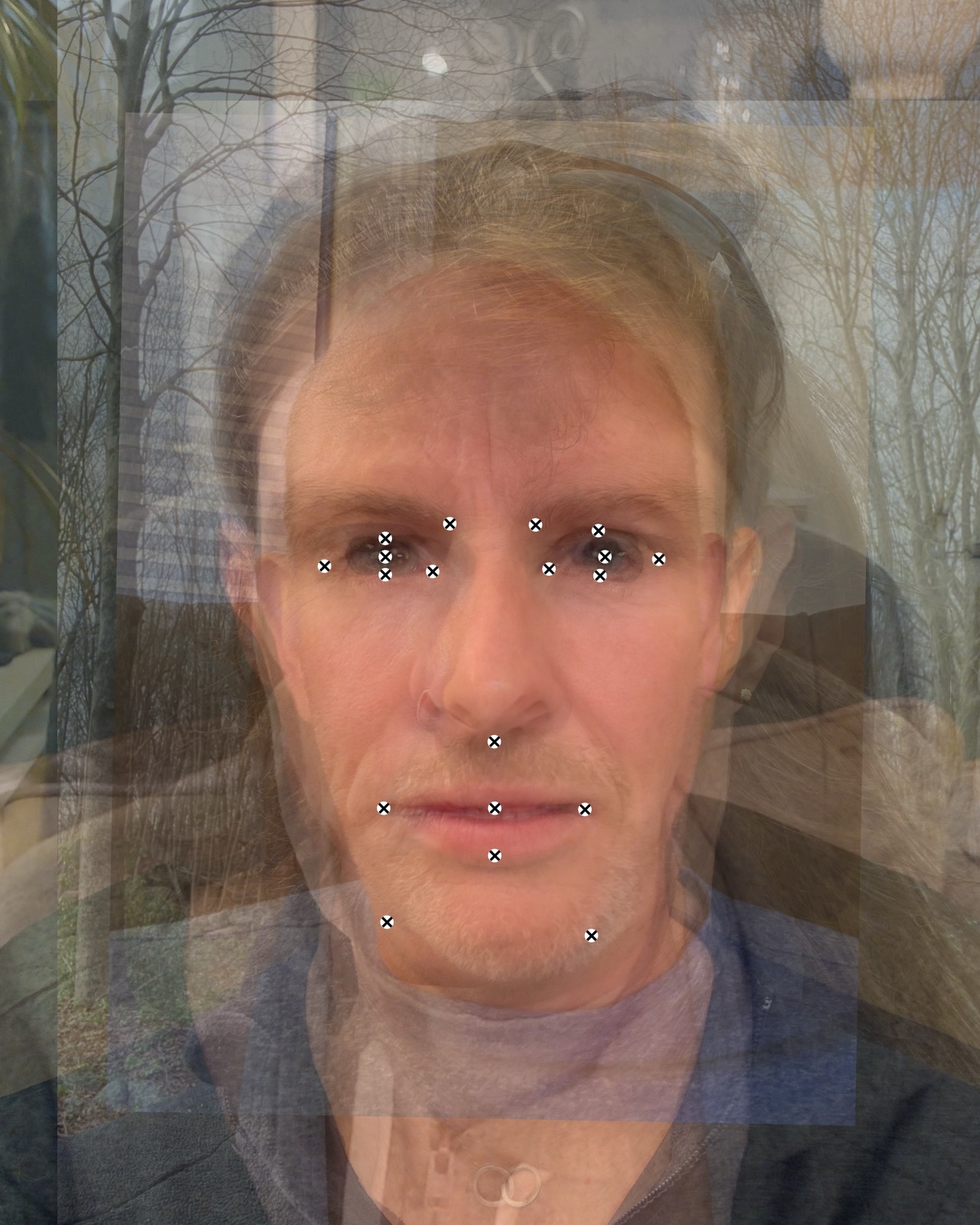 Composite study for Anger - twelve participant faces layered with facial landmark points.