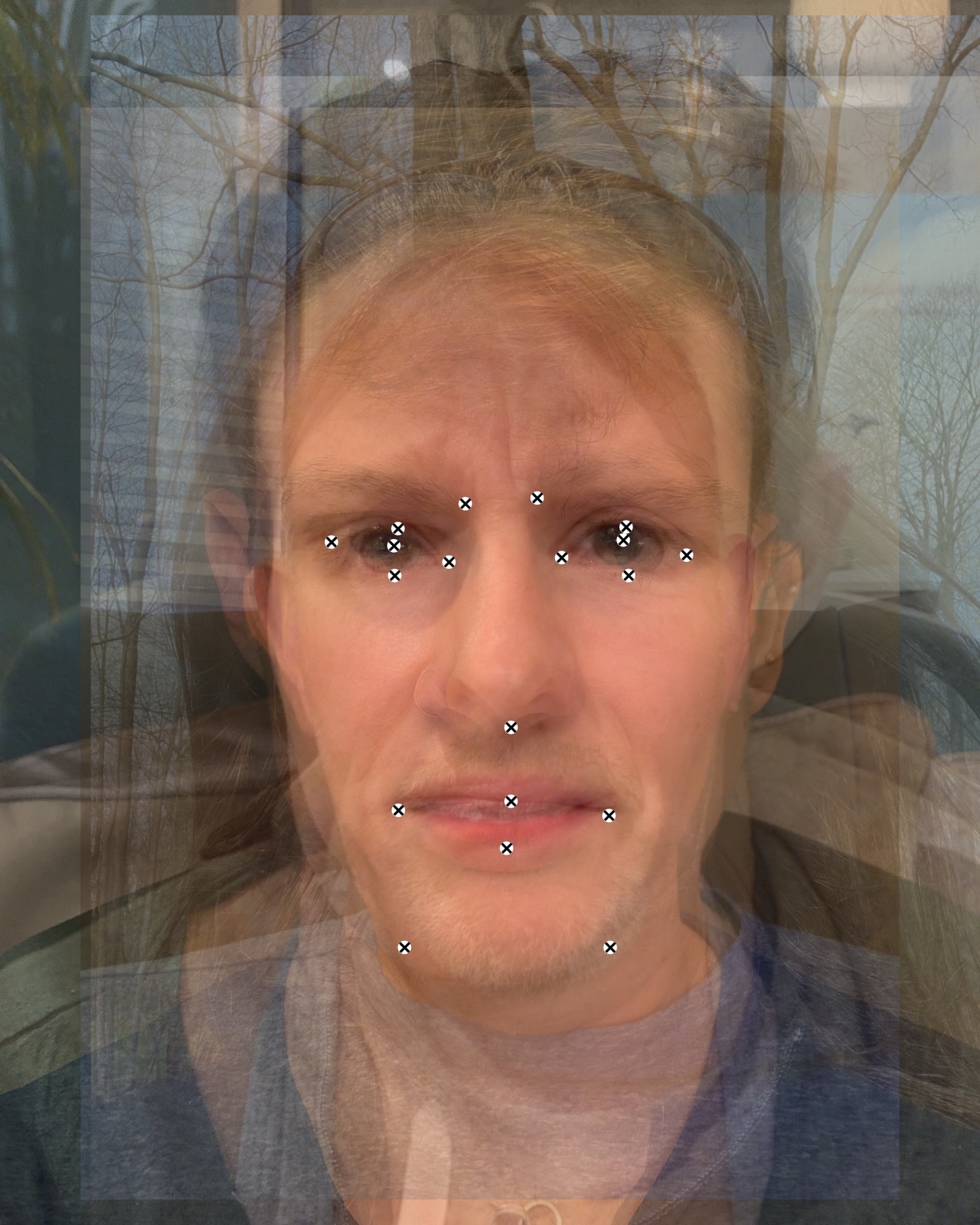 Composite study for Disgust - twelve participant faces layered with facial landmark points.