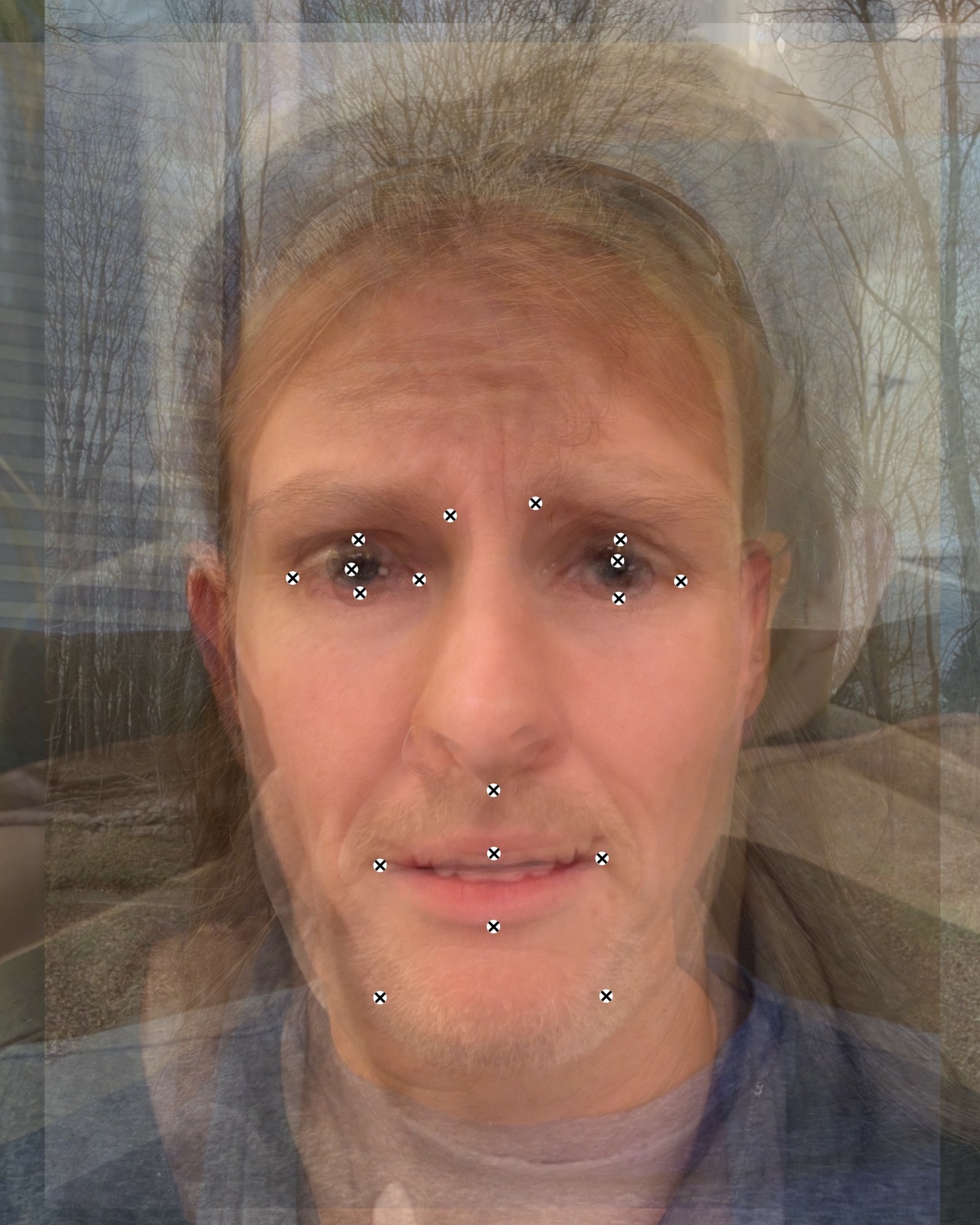 Composite study for Fear - twelve participant faces layered with facial landmark points.