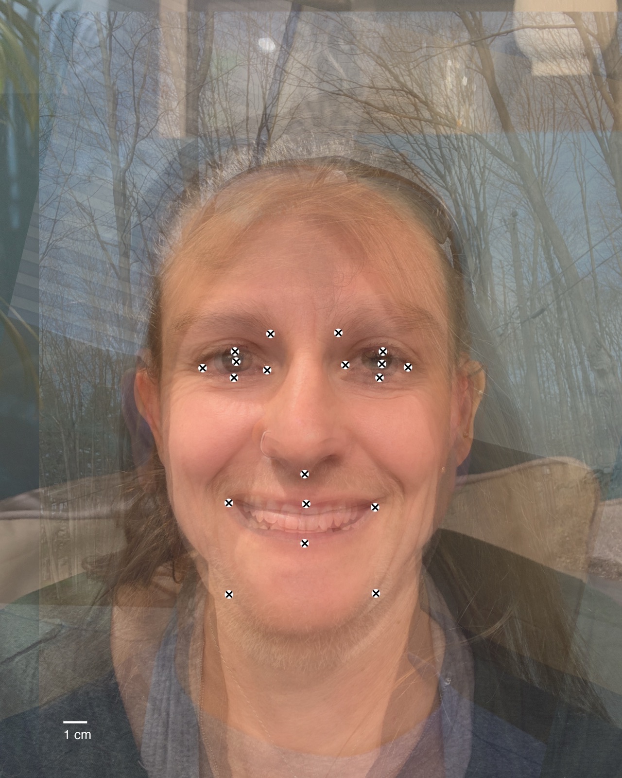 Composite study for Happiness - twelve participant faces layered with facial landmark points.