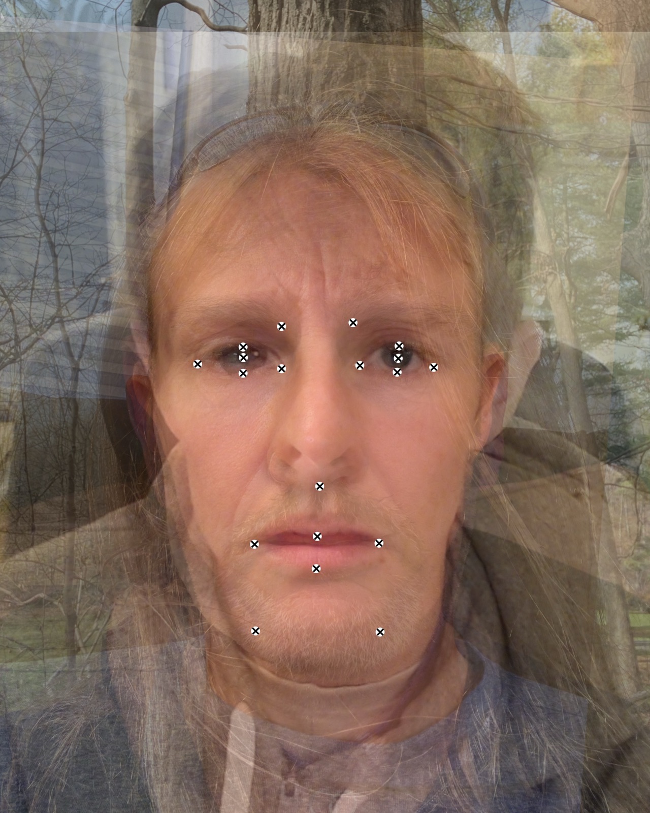 Composite study for Sadness - twelve participant faces layered with facial landmark points.
