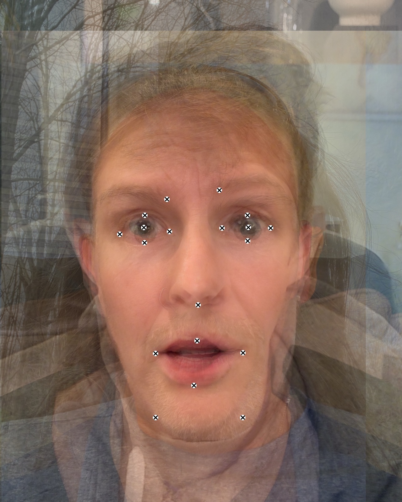 Composite study for Surprise - twelve participant faces layered with facial landmark points.