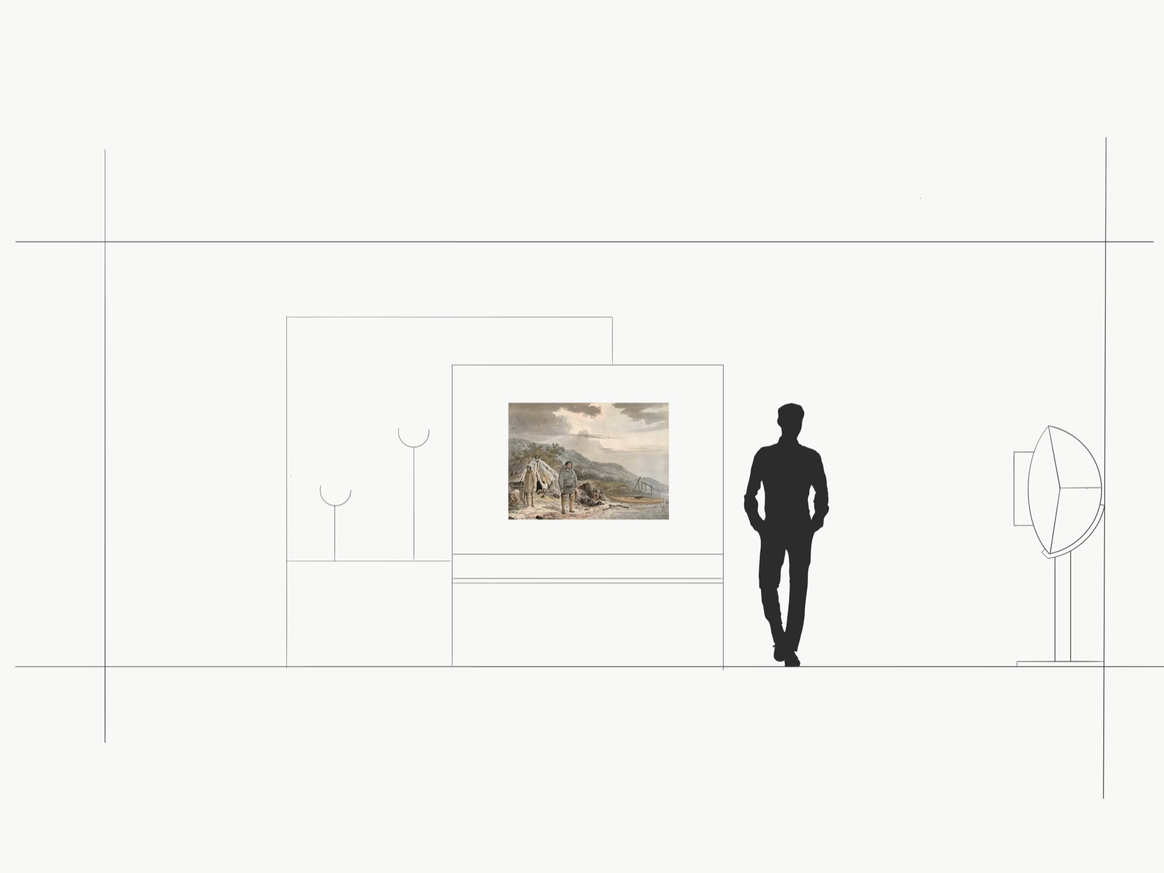 A gallery wall elevation - a framed Pacific watercolour and display case shown to scale beside a visitor silhouette.