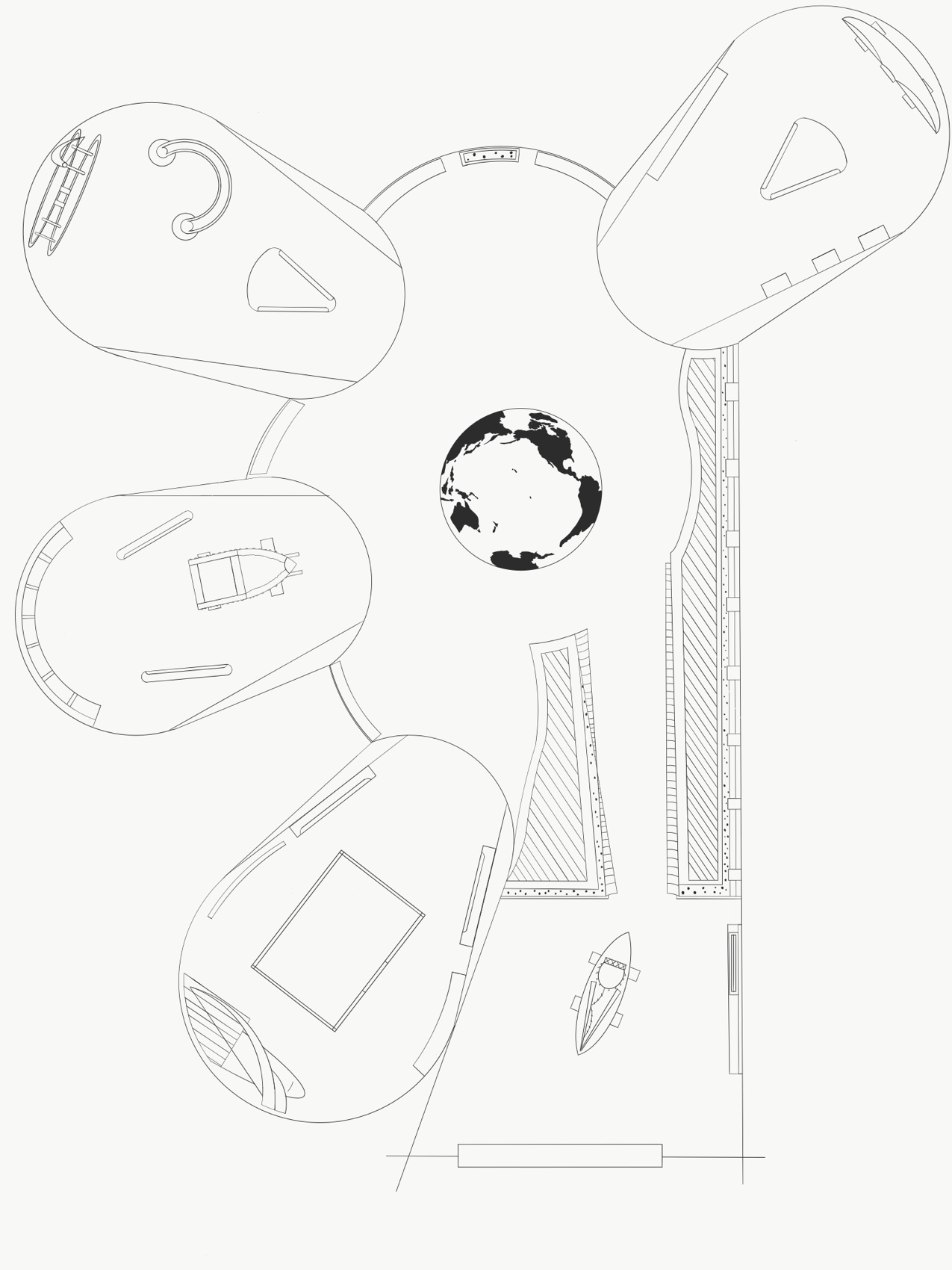 Top-down floor plan of the exhibition - flowing organic gallery pods arranged around a central Pacific-centred globe, replacing a linear museum layout.