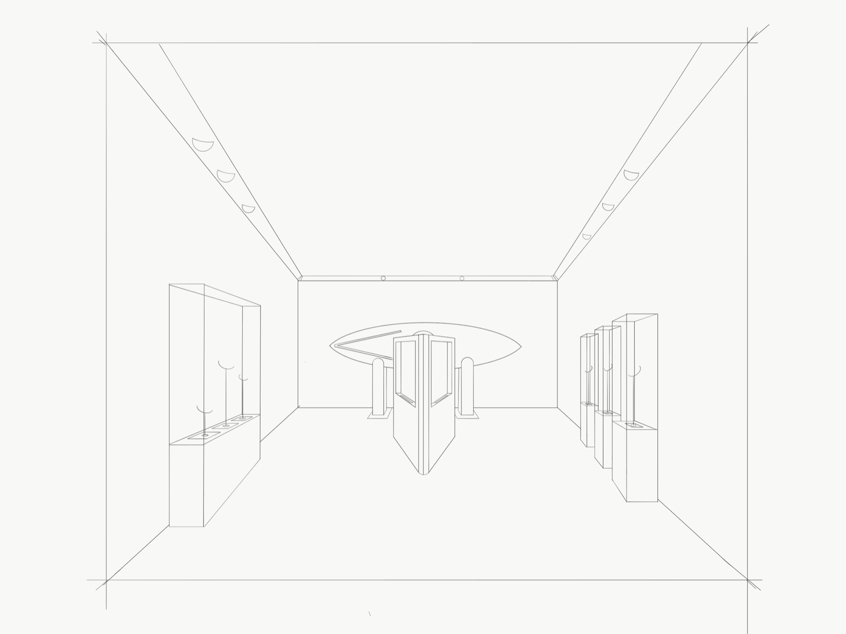 A one-point perspective drawing of a gallery room with wall display cases and a central plinth.